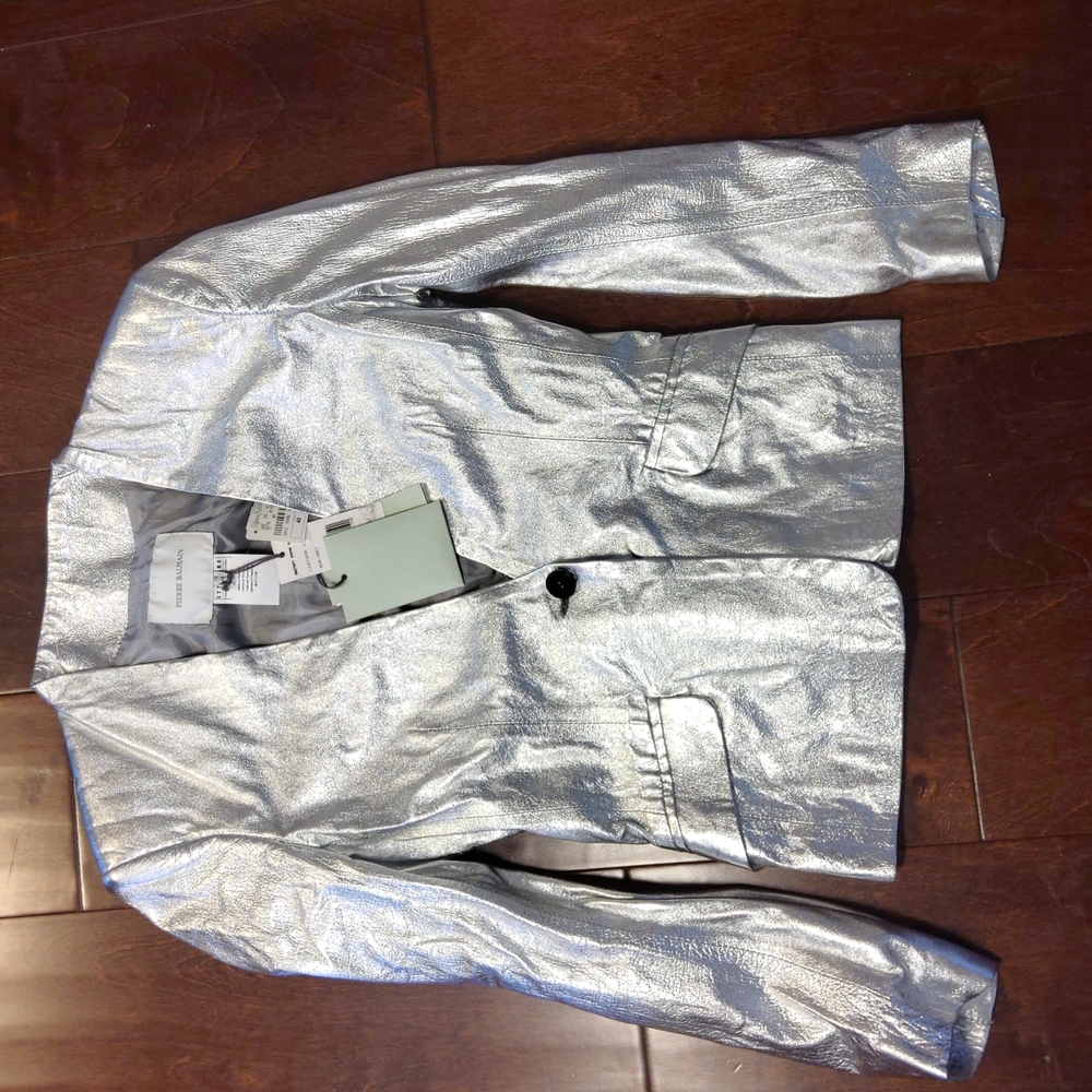 ⁃Silver Leather Balmain Blazer NWT